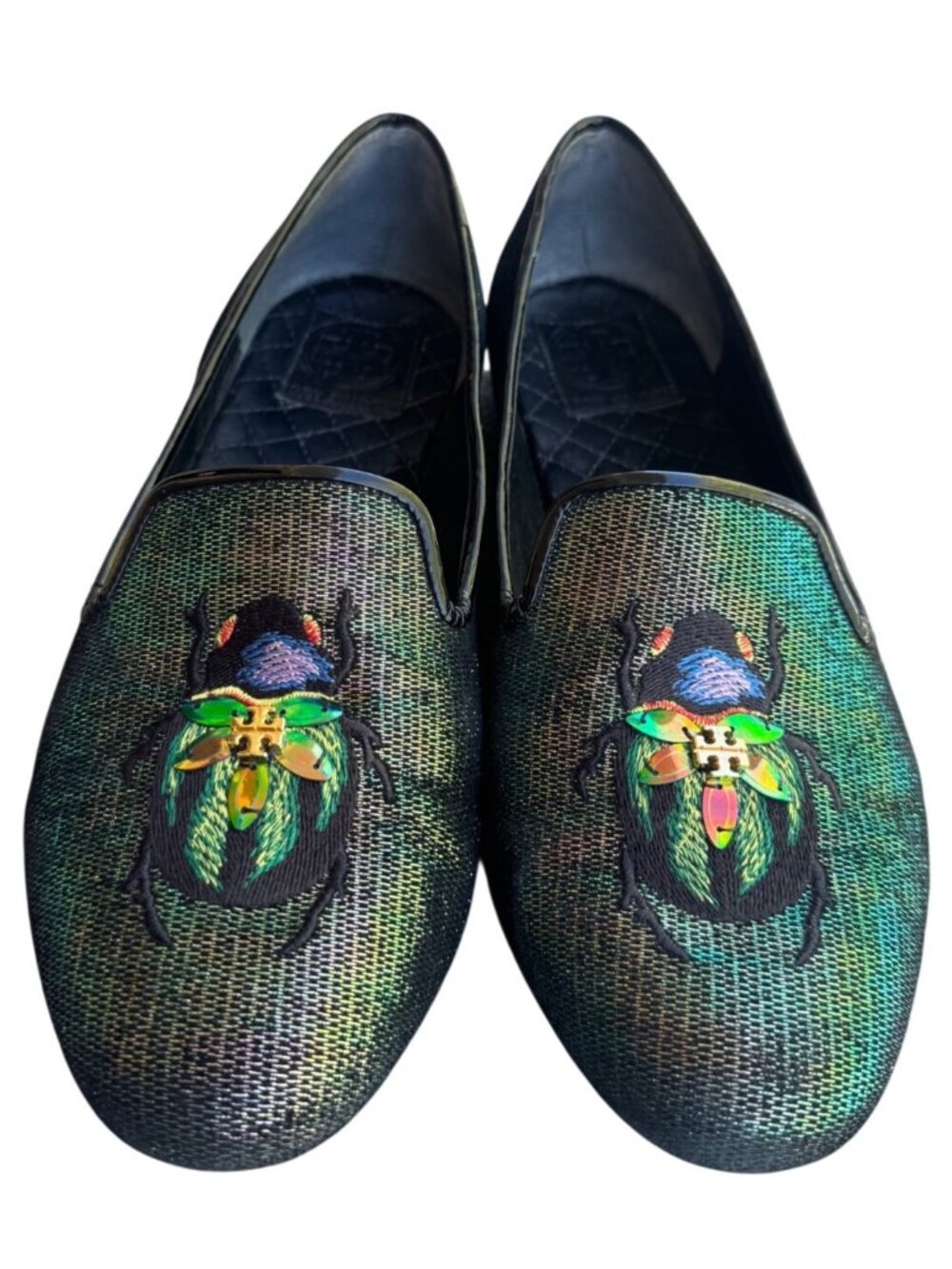 Tory Burch Size 9M Green Metallic Embroidered Beetle Loafers Leather Sole Shoes